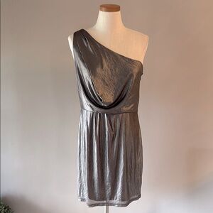 NWT Adrianna Papell metallic jersey stretch One-Shoulder Cocktail mini Dress 10